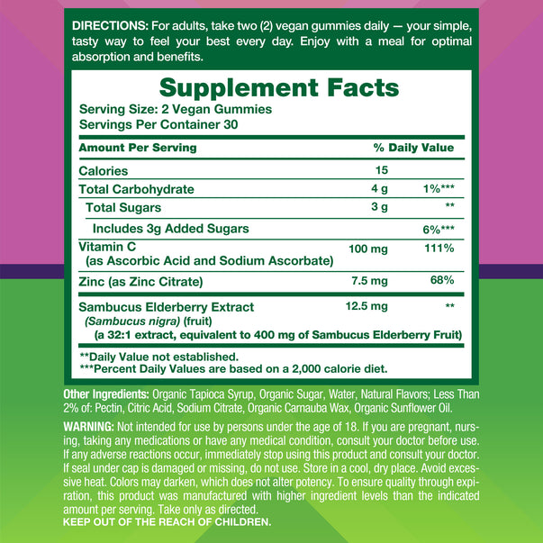 Supplement Facts panel for vitafusion Elderberry + Vitamin C, Zinc gummies showing Vitamin C 100 mg, Zinc 7.5 mg