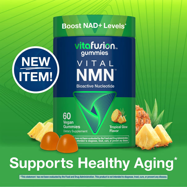vitafusion VITAL NMN Bioactive Nucleotide 60 Vegan Gummies, Tropical Glow flavor, shown with two gummies and a pineapple.