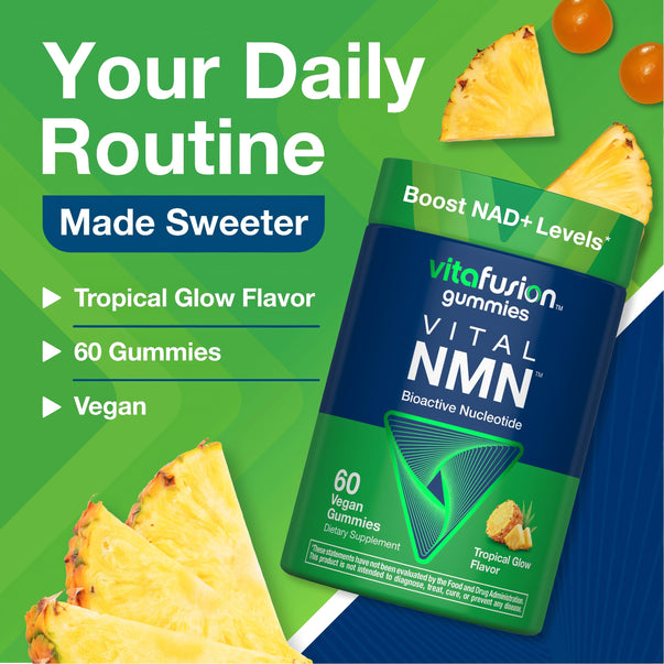 Vitafusion Vital NMN 60 Vegan Gummies, Tropical Glow Flavor. Boosts NAD+ levels, made sweeter.