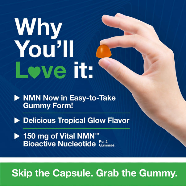 Product highlights graphic stating NMN in Easy-to-Take Gummy Form, Tropical Glow Flavor, 150 mg Vital NMN Bioactive Nucleotide (2 Gummies).