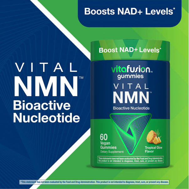 Vitafusion VITAL NMN Bioactive Nucleotide gummies in Tropical Glow flavor boost NAD+ levels; 60 vegan pieces.