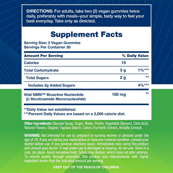 Supplement Facts panel for VF NMN Complex, featuring details about the contents of 60 gummies.