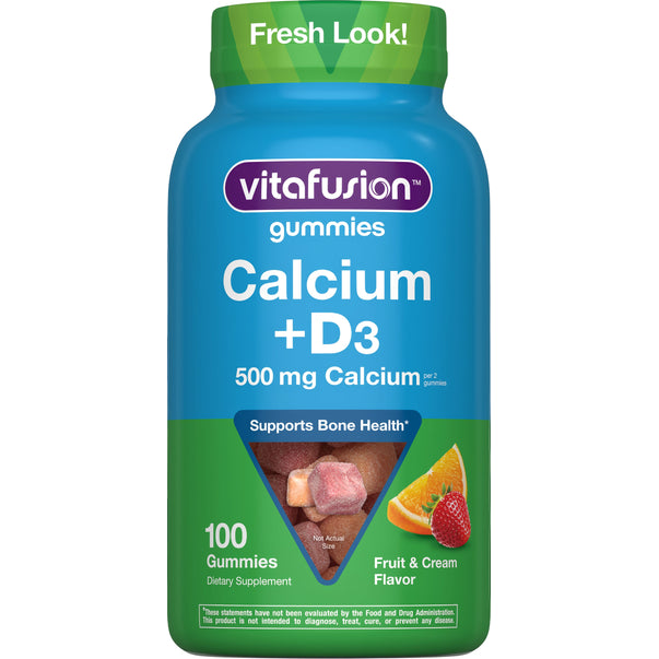 Fruit & Cream flavored gummies contain 500 mg of Calcium per 2 gummies, with 100 gummies in the pack.
