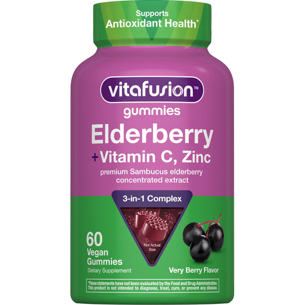 Vitafusion Elderberry gummies with Vitamin C and Zinc, 60 Vegan, Very Berry Flavor. Supports antioxidant health.