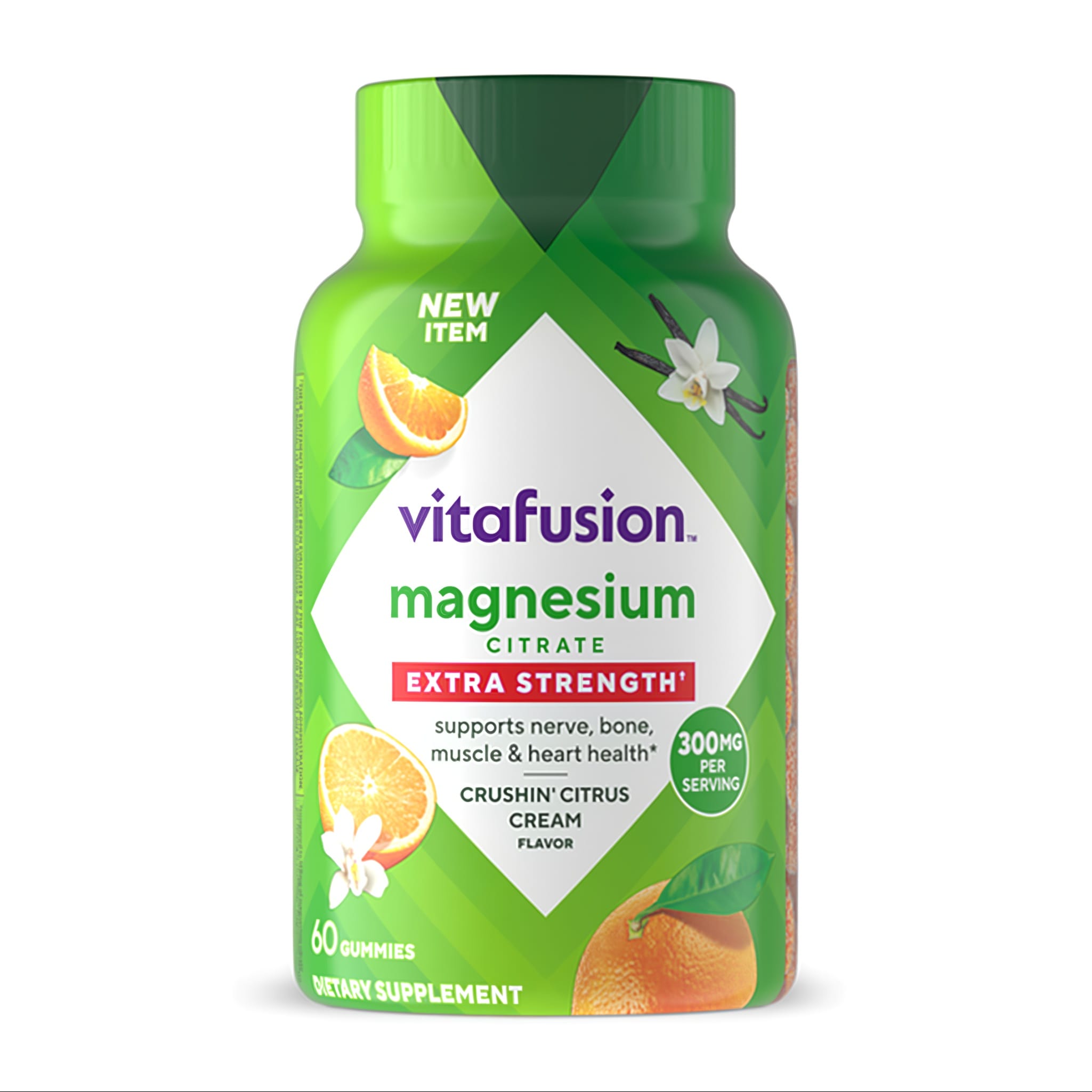 Vitafusion Magnesium Citrate Extra Strength gummies with Crushin' Citrus Cream flavor, 300mg per serving, 60-count bottle.