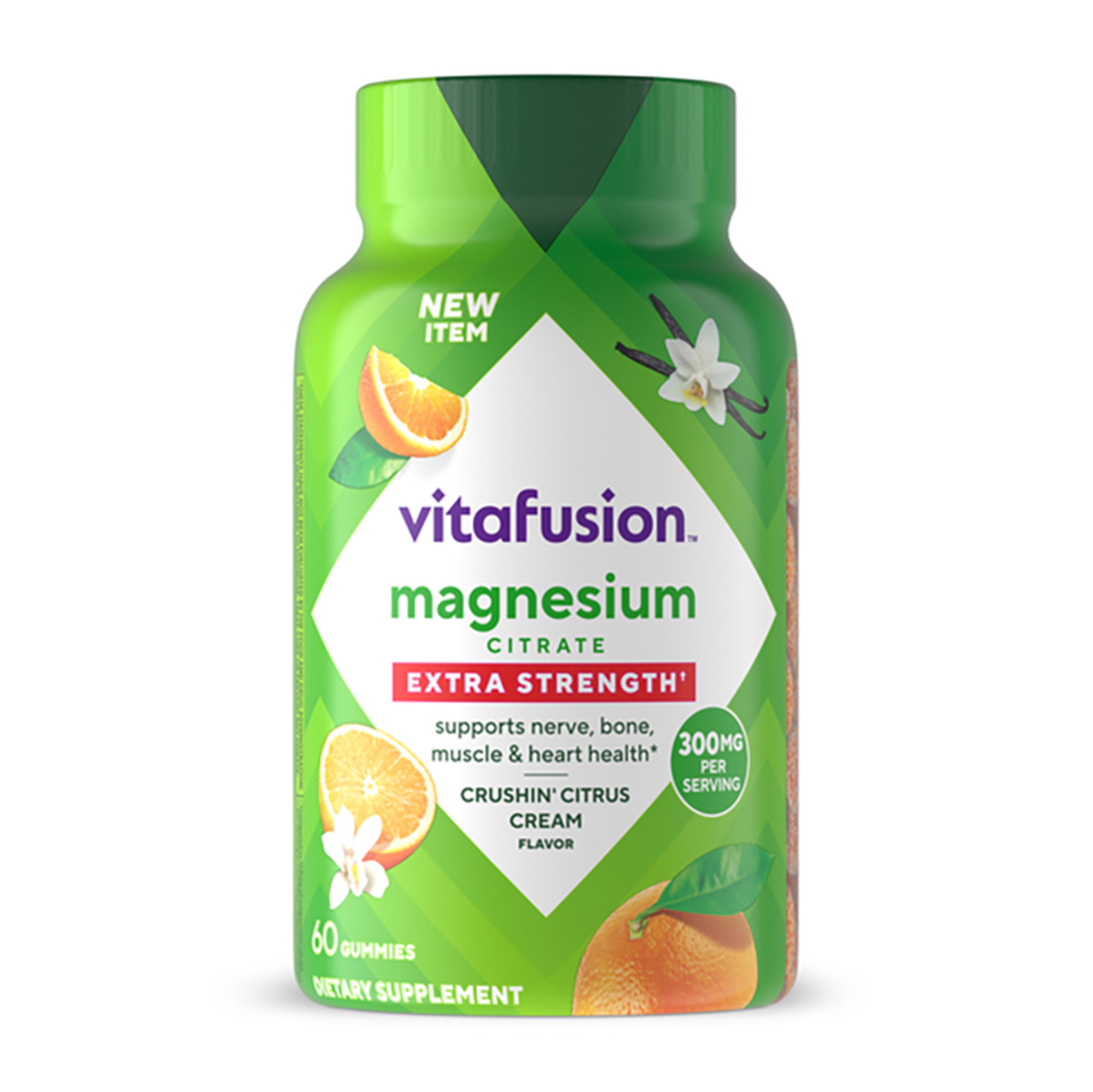 Vitafusion Magnesium Citrate Extra Strength gummies in Crushin' Citrus Cream flavor, 300MG per serving, 60-count.