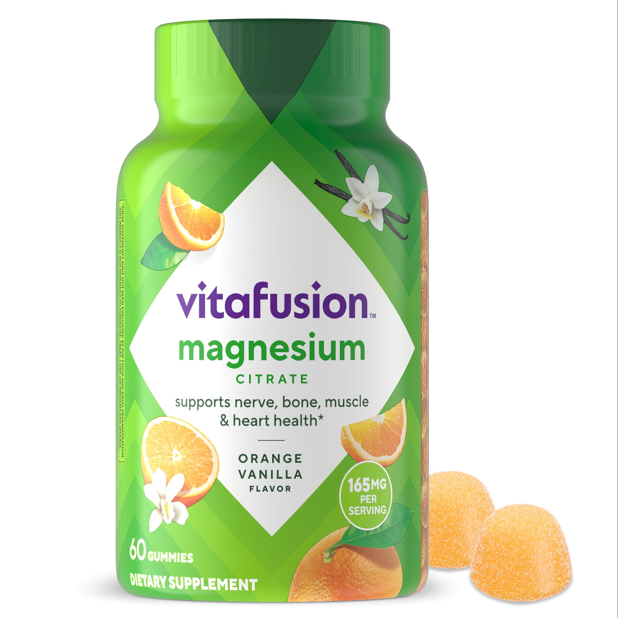 vitafusion Magnesium Citrate 60 Gummies, Orange Vanilla flavor, 165mg per serving. Supports nerve, bone, muscle & heart health.