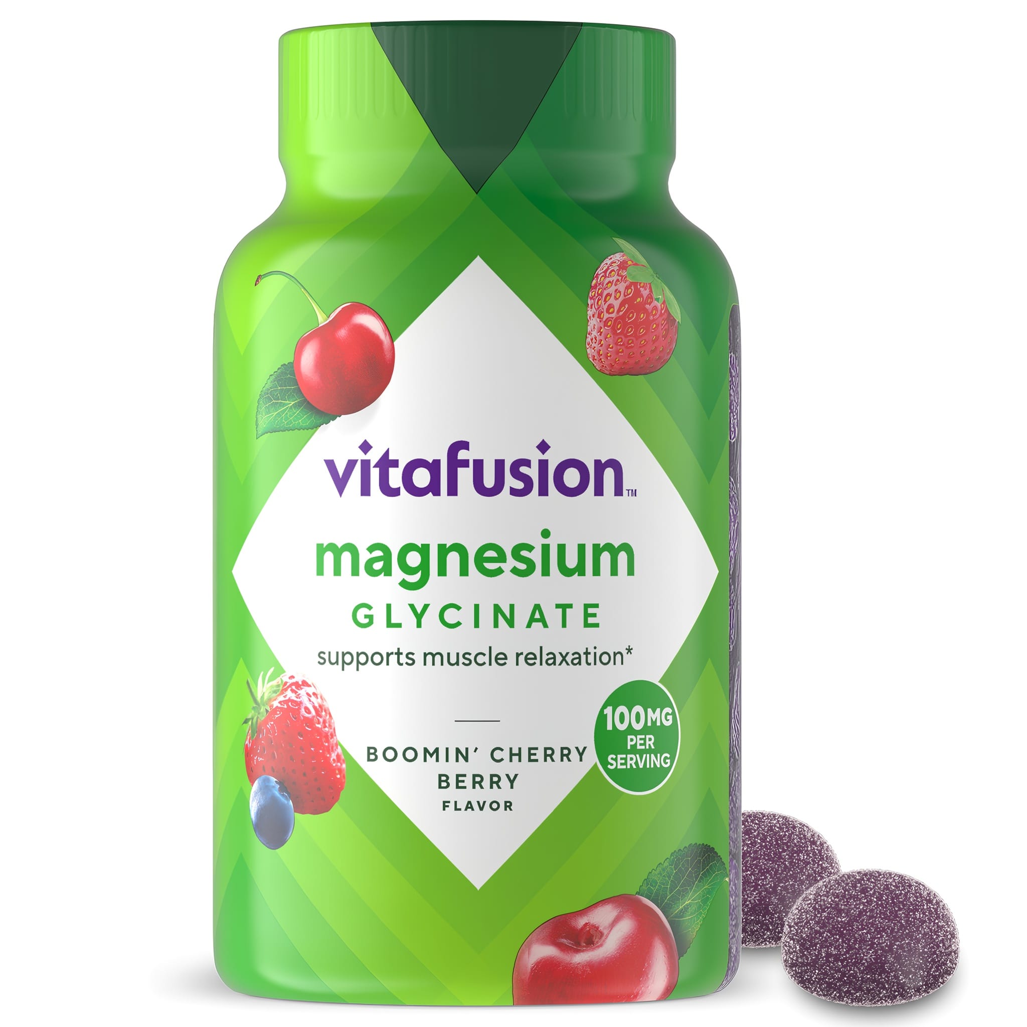 Vitafusion magnesium glycinate gummies support muscle relaxation, 100mg per serving, with a boomin' cherry berry flavor.