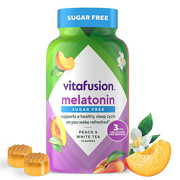 vitafusion Sugar Free Melatonin 3 mg gummies, Peach & White Tea flavors. Supports a healthy sleep cycle. Bottle and two gummies.