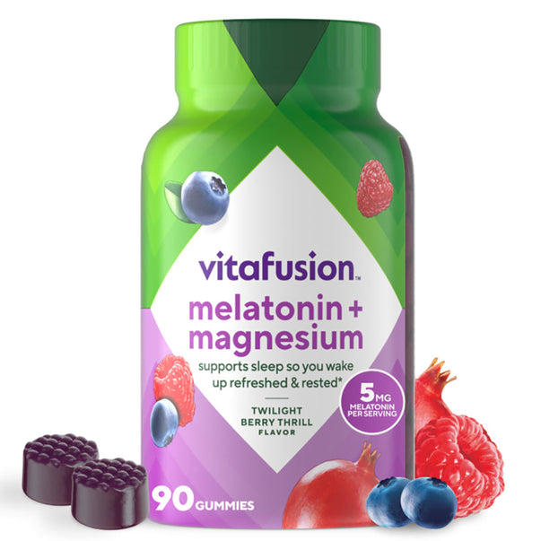 Vitafusion Melatonin 5 mg with Magnesium Gummies, Twilight Berry Thrill Flavor, 90 Count.