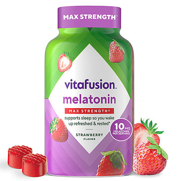 vitafusion. Max Strength Melatonin 10 mg Strawberry Flavor Gummies, 100 Count. Supports sleep so you wake up refreshed & rested.