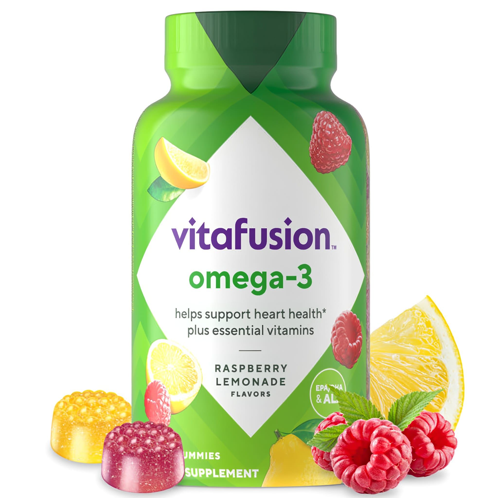 Vitafusion Omega-3 Gummy Supplement in raspberry lemonade flavors supports heart health with essential vitamins.