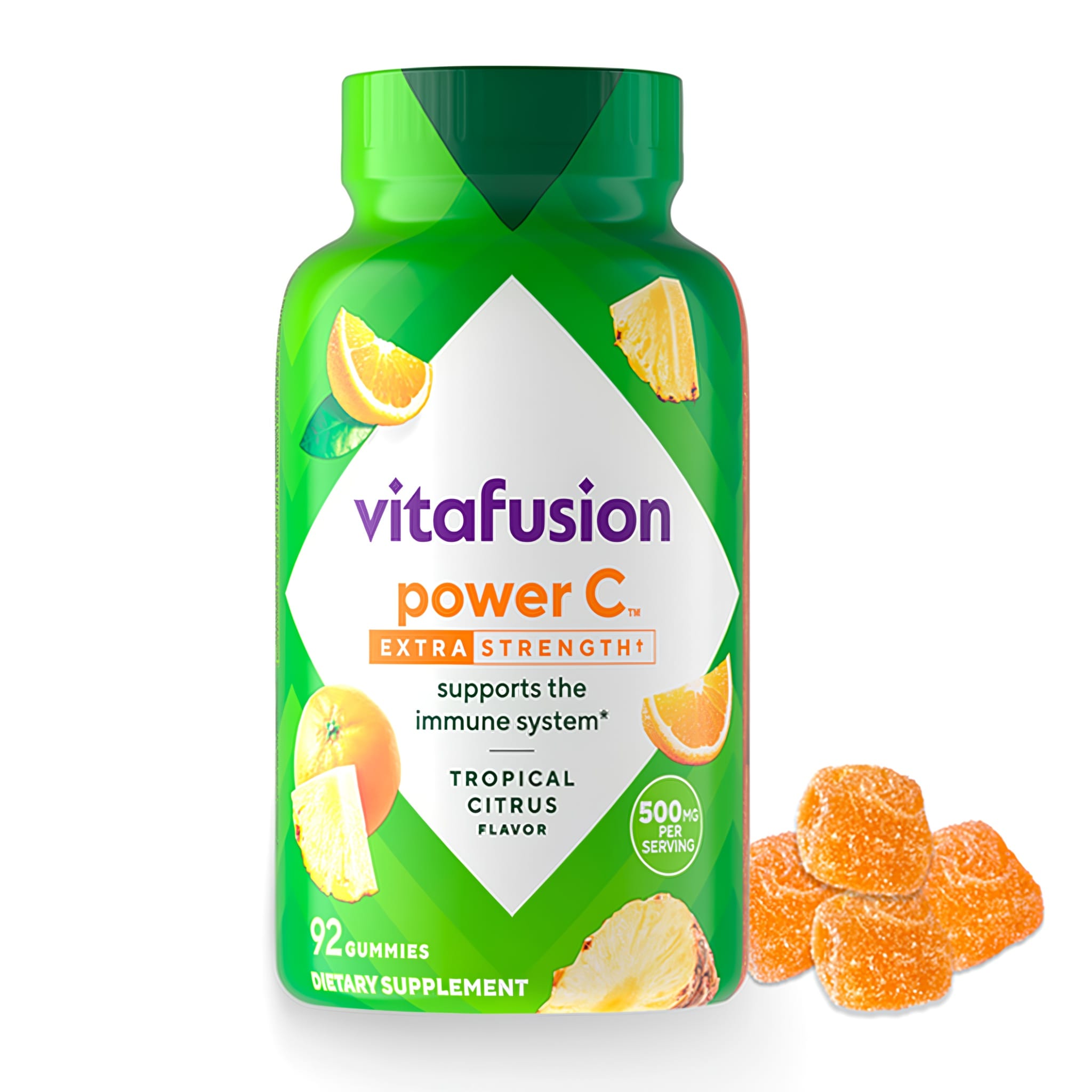 Vitafusion Power C Extra Strength 500 mg gummies, Tropical Citrus flavor. Bottle of 92 gummies and 4 loose gummies.