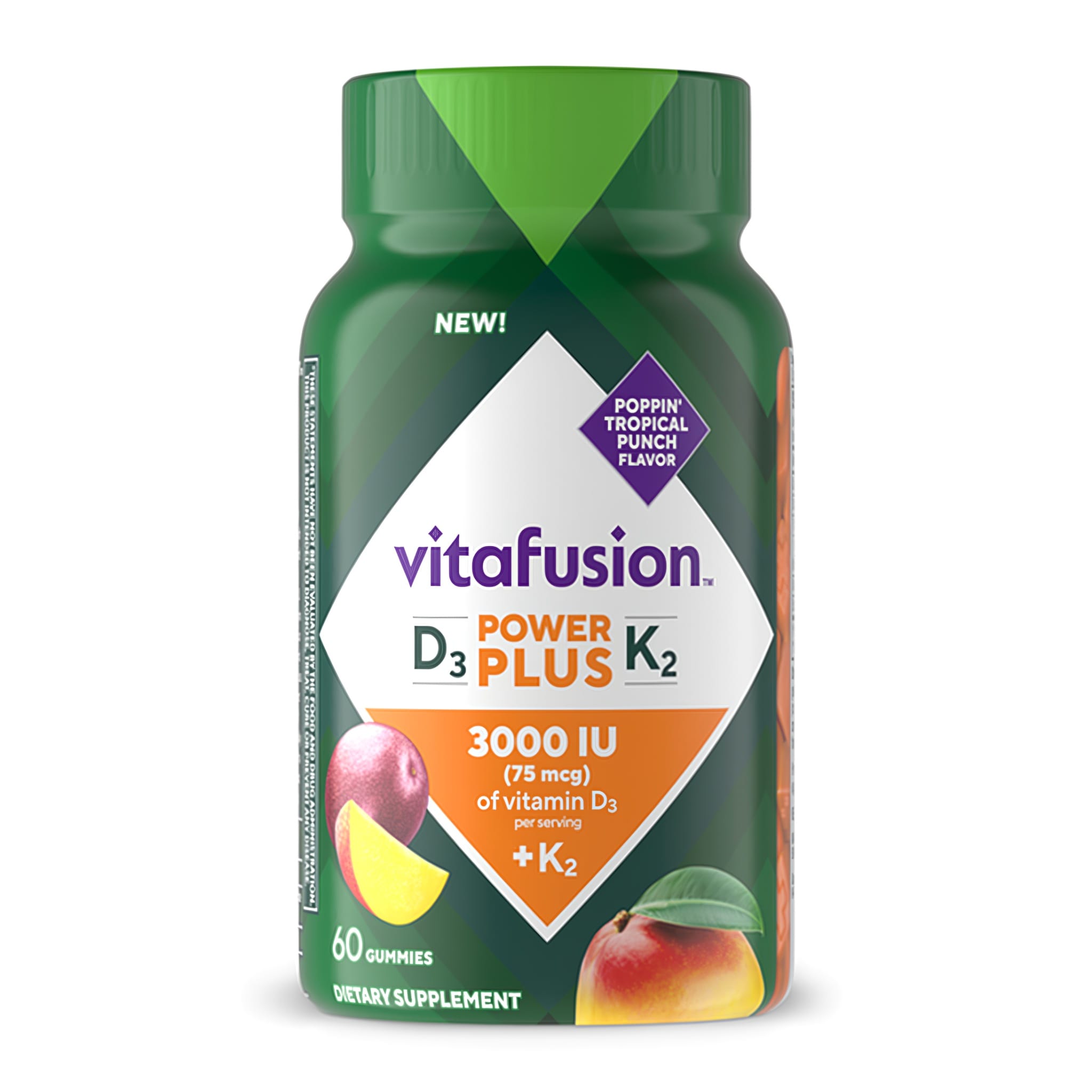 vitafusion POWER D3 PLUS K2 Gummies, 60 count, 3000 IU (75 mcg) of vitamin D3 per serving + K2, Poppin' Tropical Punch flavor.