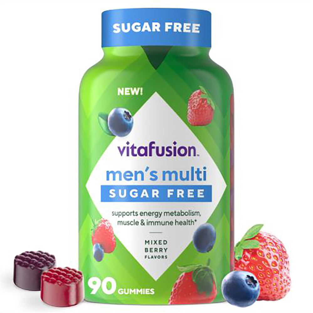 vitafusion Men's Multi Sugar Free Gummies, Mixed Berry, supports energy metabolism, muscle and immune health, 90 count.