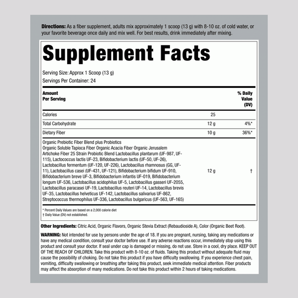 Supplement Facts for Fiber Well Org 10G Raspberry Lemon 11oz.