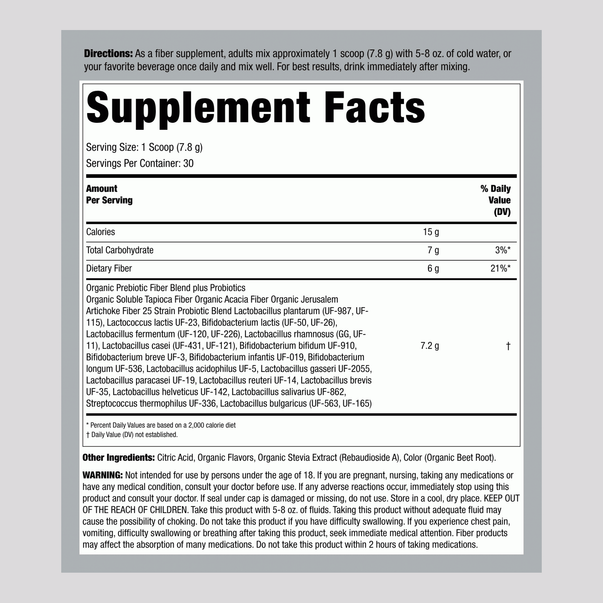 Supplement Facts for VF Fiber Well Women's Organic Raspberry Powder, 8.25oz.