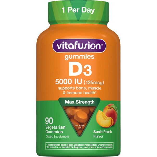Vitafusion D3 5000 IU (125mcg) Max Strength 90 Vegetarian Gummies, Sunlit Peach Flavor, 1 per day.