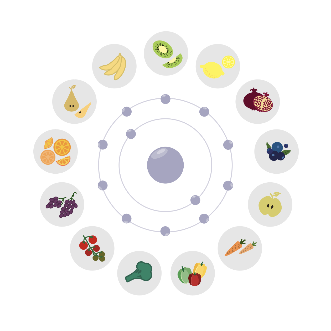 Illustration showcasing examples of antioxidant-rich foods, featuring a molecule model and a circle with various fruits and vegetables.